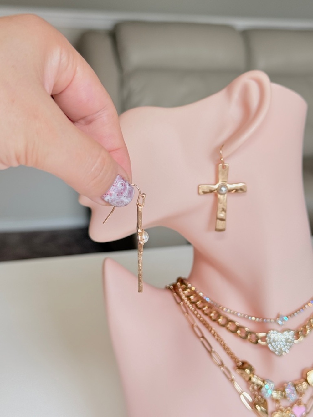 Gold Cross Dangle Earring with Center Accent - Picture 5 of 11